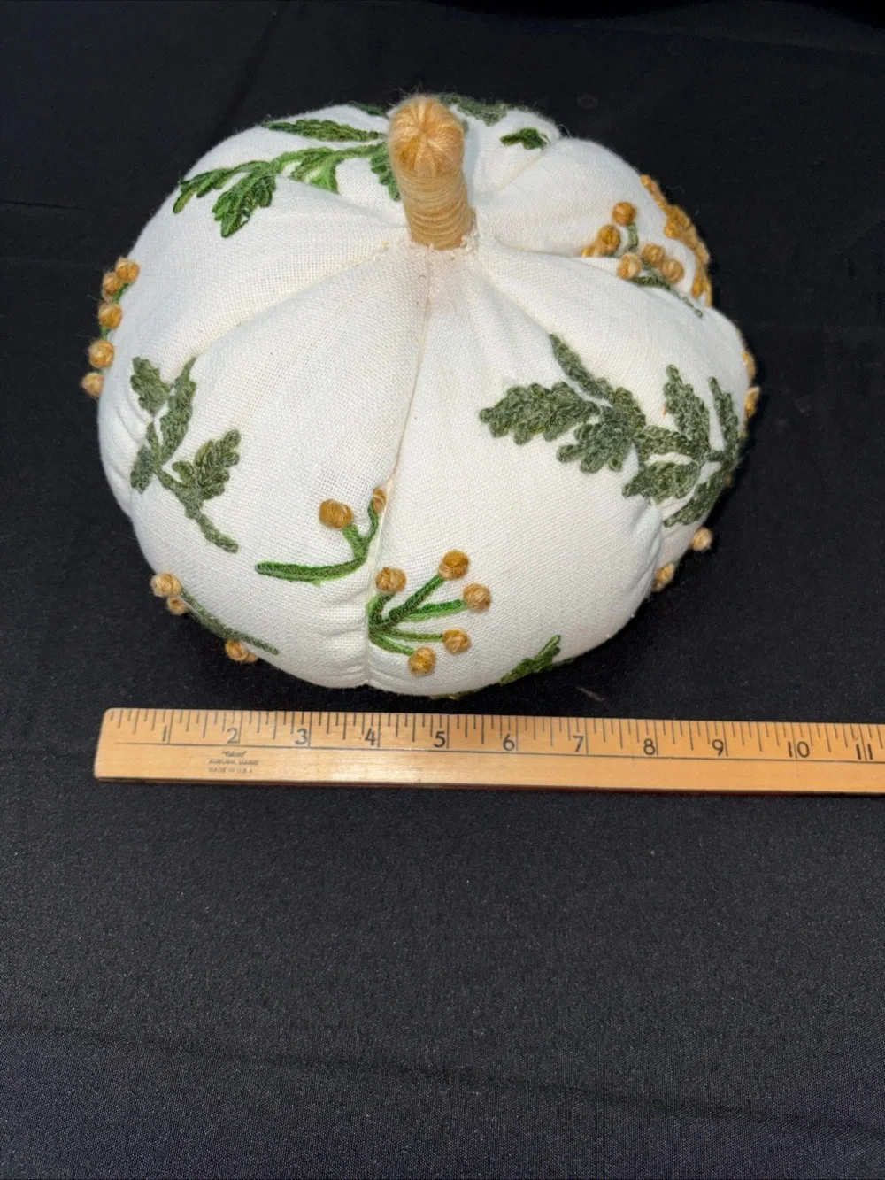 Source Unknown White Accent Pillow Pumpkin with Mustard Embroidered Flowers